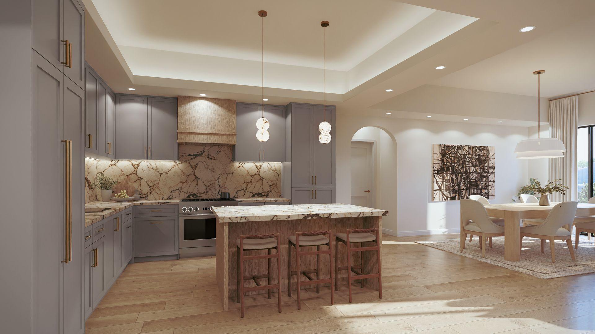 Chef's kitchen with waterfall island and bar seating