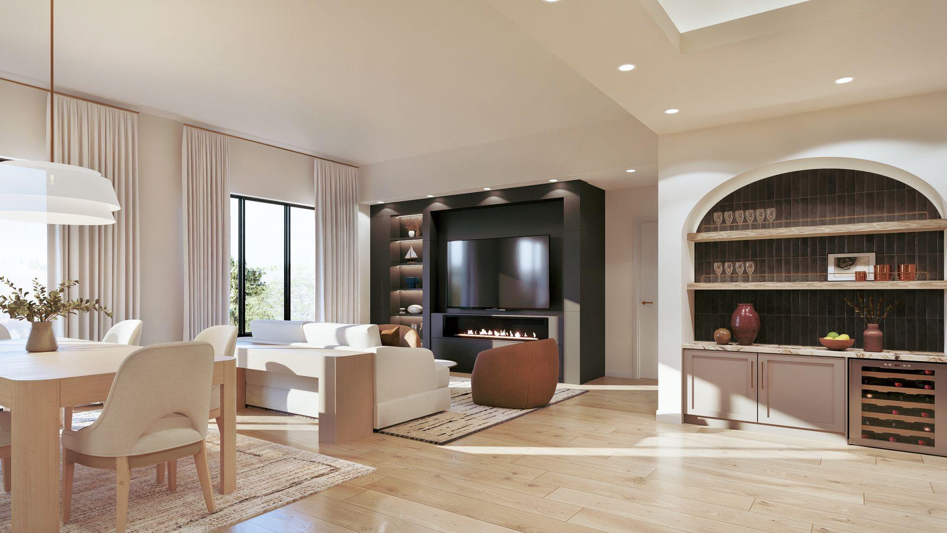 Open living and dining area with a media wall and wine display