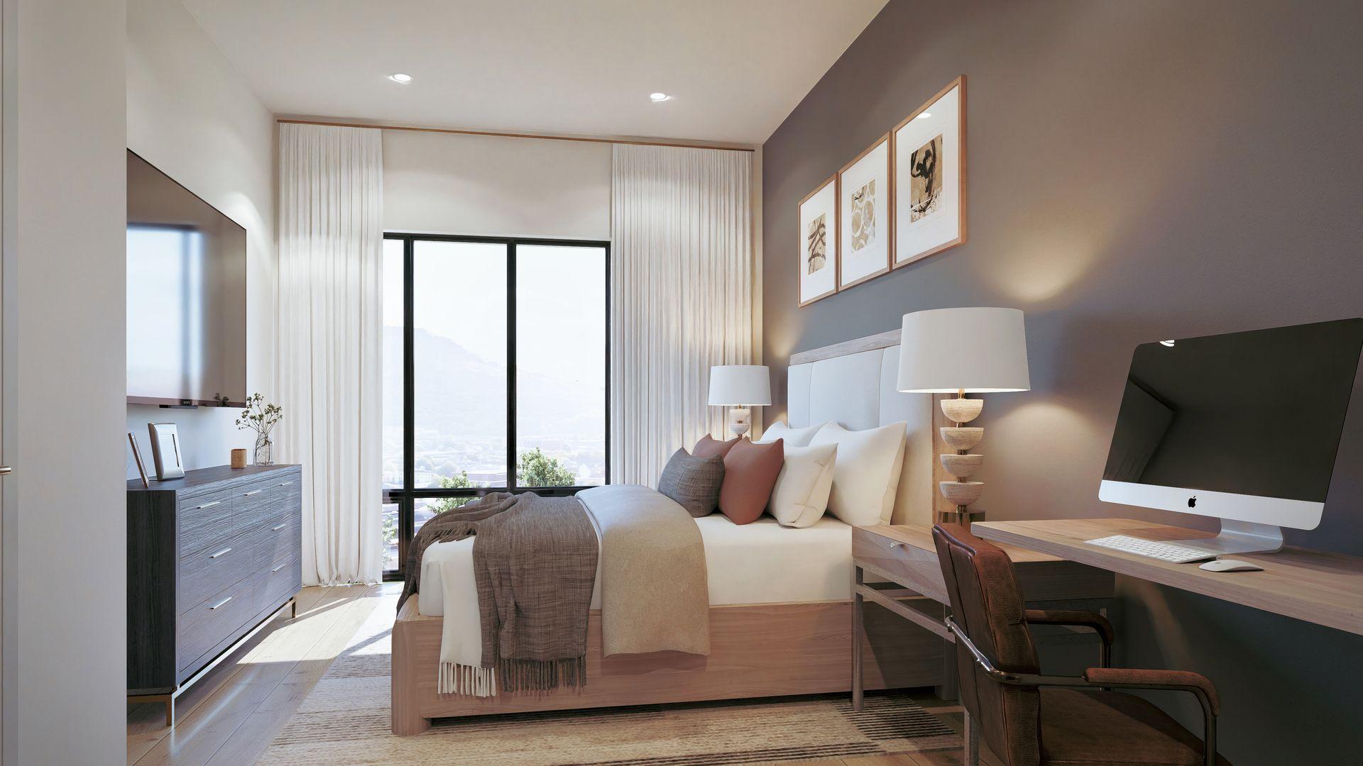 Primary bedroom with a built-in desk and mountain view