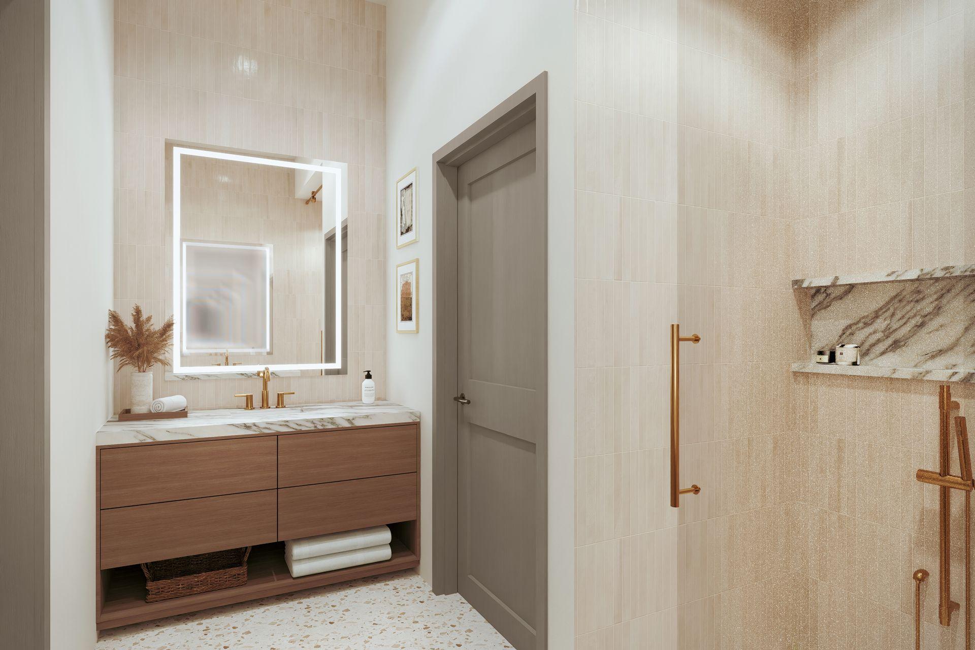 Double-vanity bathroom with natural-stone finishes