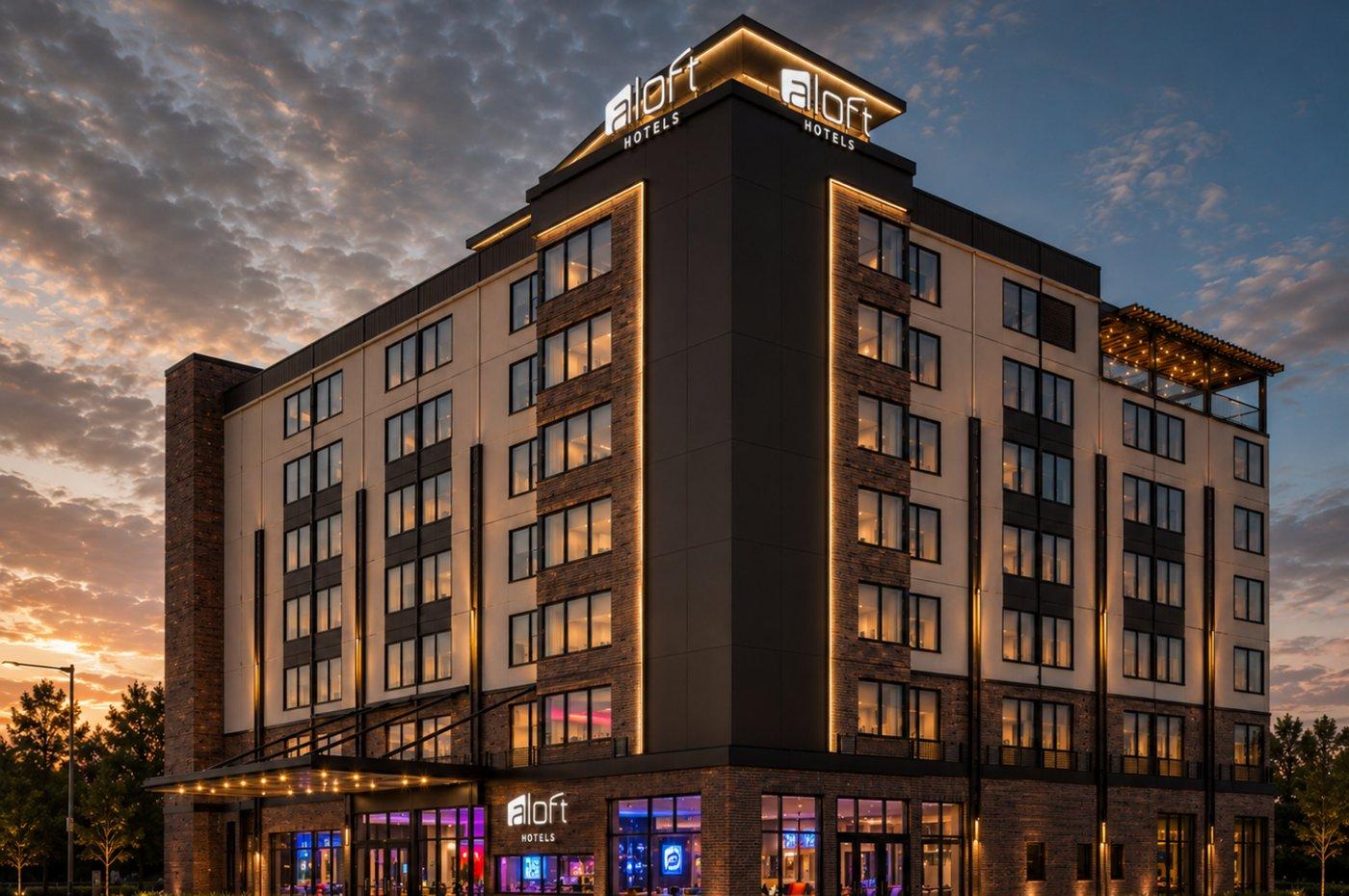 Aloft by Marriott hotel at Station33 at dusk